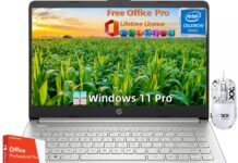 HP 14″ Laptop for Student Business, with Office Lifetime License & Windows 11 Pro, Intel Dual-Core N4120, 16 GB RAM, 384 GB Storage(128GB eMMC+256GB Micro SD), Ultra Light, Webcam, WiFi, HDMI, Silver