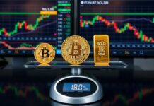 Bitcoin Reaches Gold Parity: What Does 1 BTC = 1 KG of Gold Mean for Investors? Bitcoin and gold bar on a scale showing equal weight, representing Bitcoin gold parity
