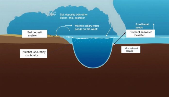 Diagram-showing-brine-pool-formation-in-the-Gulf-of-Mexico-with-salt-deposits-dissolving-to Diagram showing brine pool formation in the Gulf of Mexico with salt deposits dissolving to create hypersaline water layers