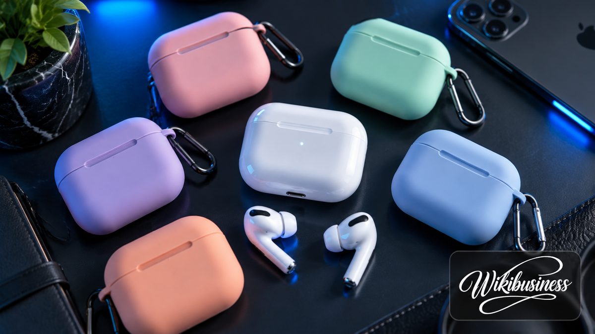 AirPods Pro 3 earbuds with a flat lay of colorful protective cases