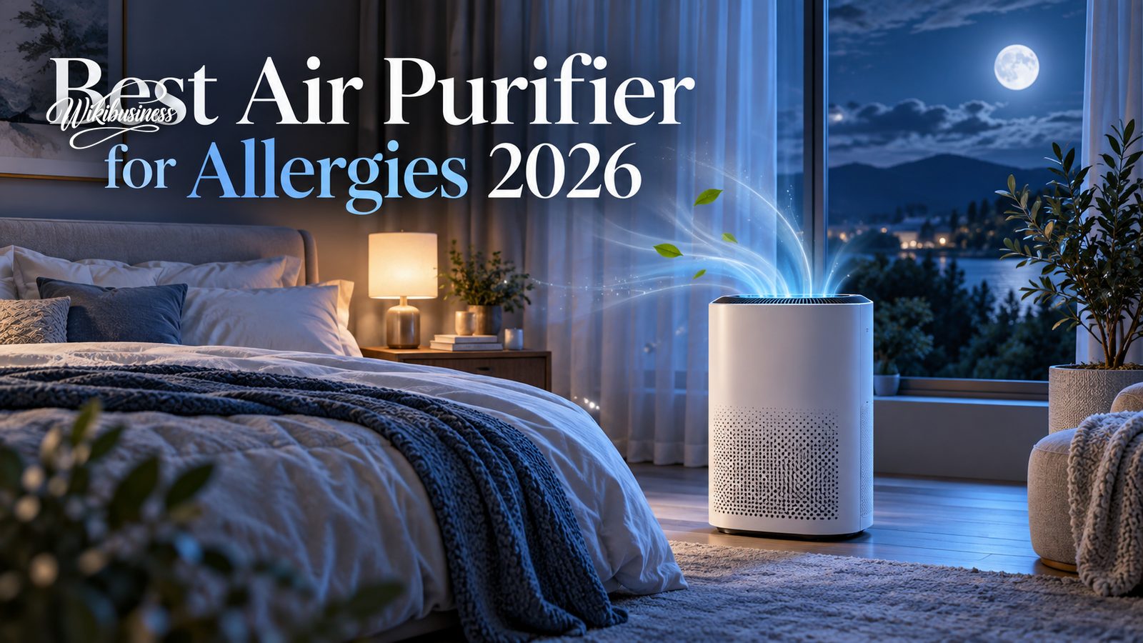 Air purifier running quietly in a bedroom at night — best air purifier for allergies 2026
