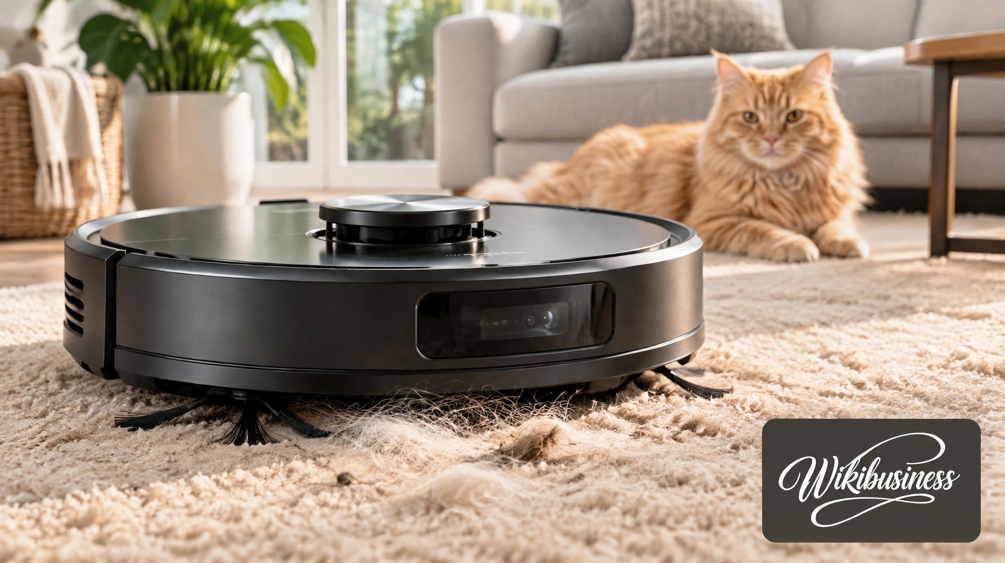 Close-up of a robot vacuum picking up pet hair from a carpet