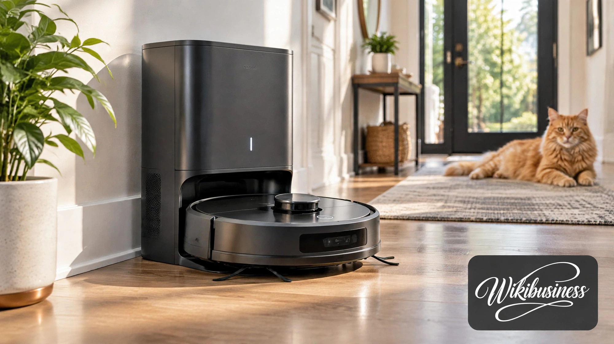 Robot vacuum parked at its self-emptying dock in a tidy hallway