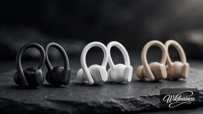 featured Three pairs of open-ear wireless earbuds in black, white and beige on a dark stone surface