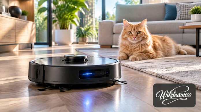 Ginger cat lying on a rug next to a robot vacuum in a bright living room